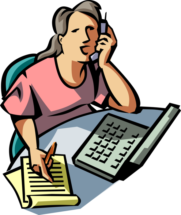 Vector Illustration of Woman Talks on Mobile Cell Phone Working at Laptop Notebook Computer