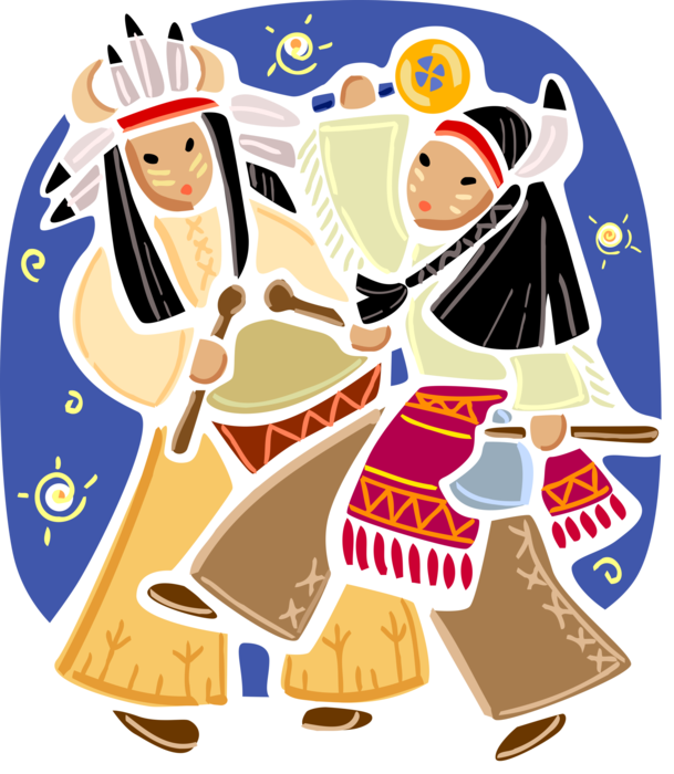 Vector Illustration of North American Indigenous Indians in Ceremonial Dance with Traditional Dress
