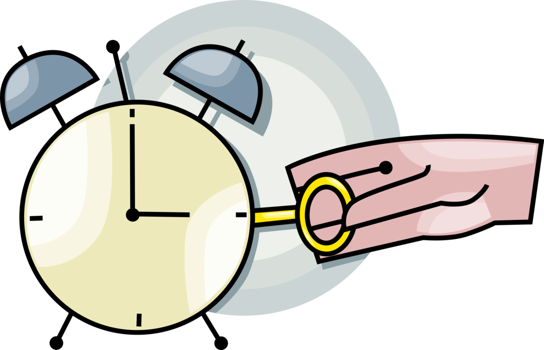 Vector Illustration of Hand Turns Wind Up Key on Alarm Clock Displaying Time that Rings For Wake-Up Call