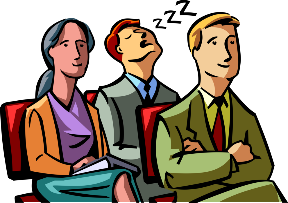 Vector Illustration of Attentive Business Associates Attend Meeting with Unproductive Loser Asleep in Seat