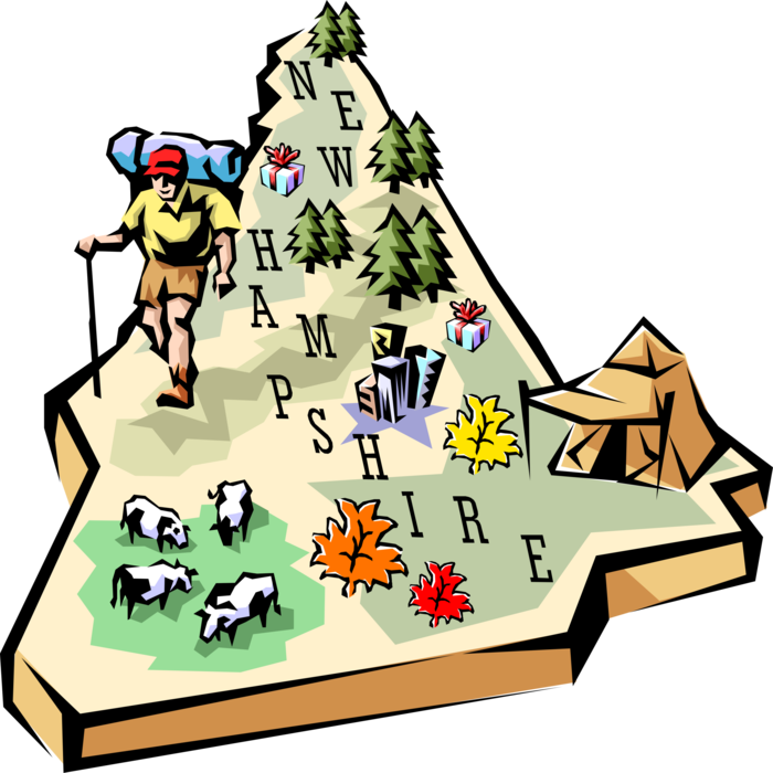 Vector Illustration of State of New Hampshire Vignette Map with Tourism Infographic Icons, United States of America