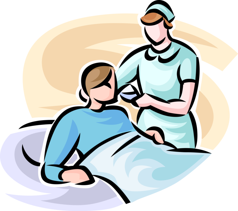 Vector Illustration of Hospital Patient Receives Drink from Health Care Nurse