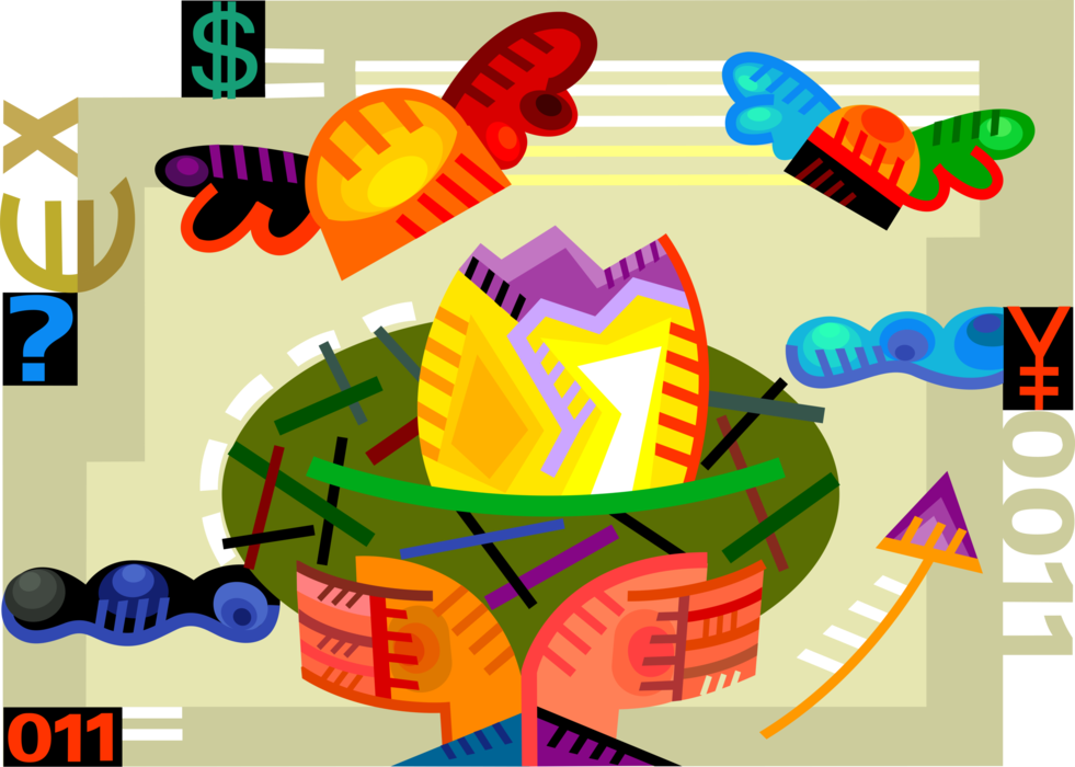Vector Illustration of Hands Hold Financial Savings Nest Golden Egg Investment Savings Fly Away in Economic Recession