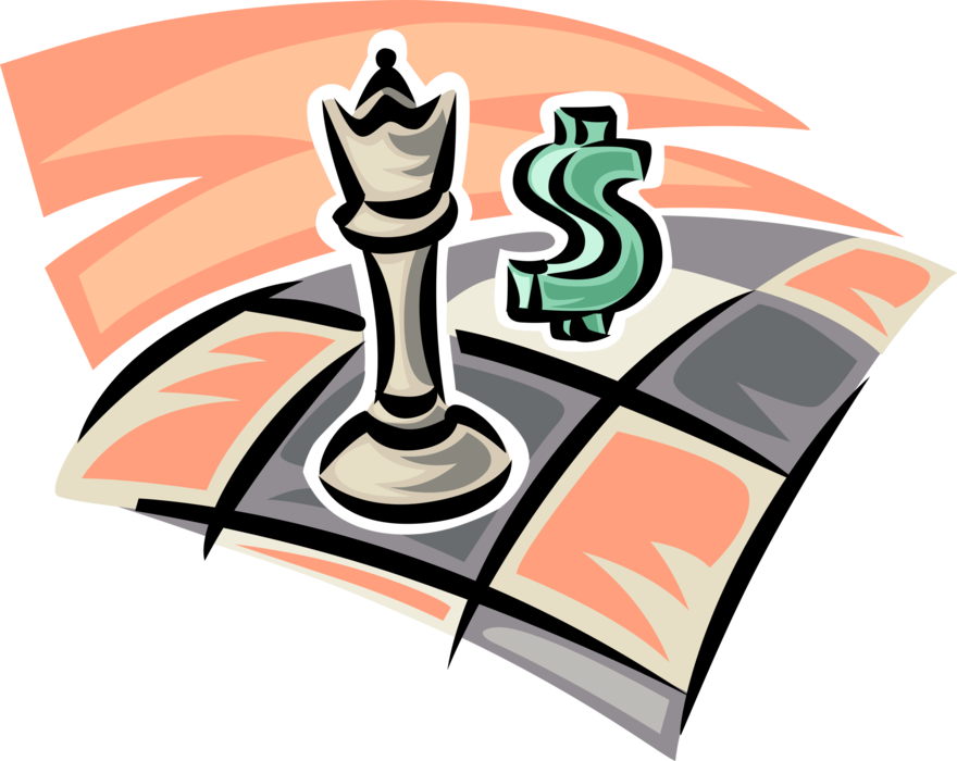 Vector Illustration of Strategy Board Game of Chess King Piece with Cash Money Dollar Sign