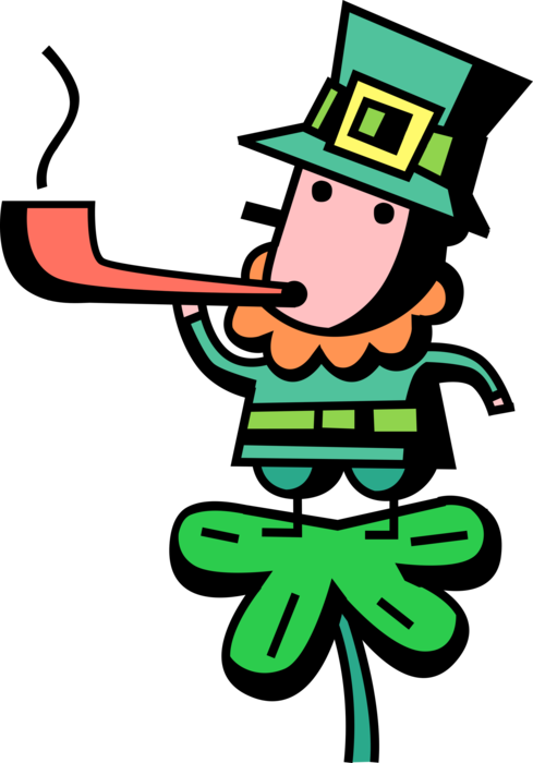 Vector Illustration of St Patrick's Day Irish Leprechaun Fairy in Irish Folklore Smokes Tobacco Pipe