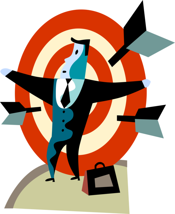 Vector Illustration of Businessman Under Pressure is Target for Competition Arrows 