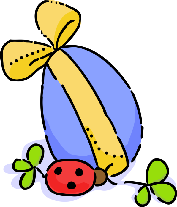 Vector Illustration of Decorated Colored Easter Egg with Yellow Ribbon Bow and Insect Ladybug in Clover