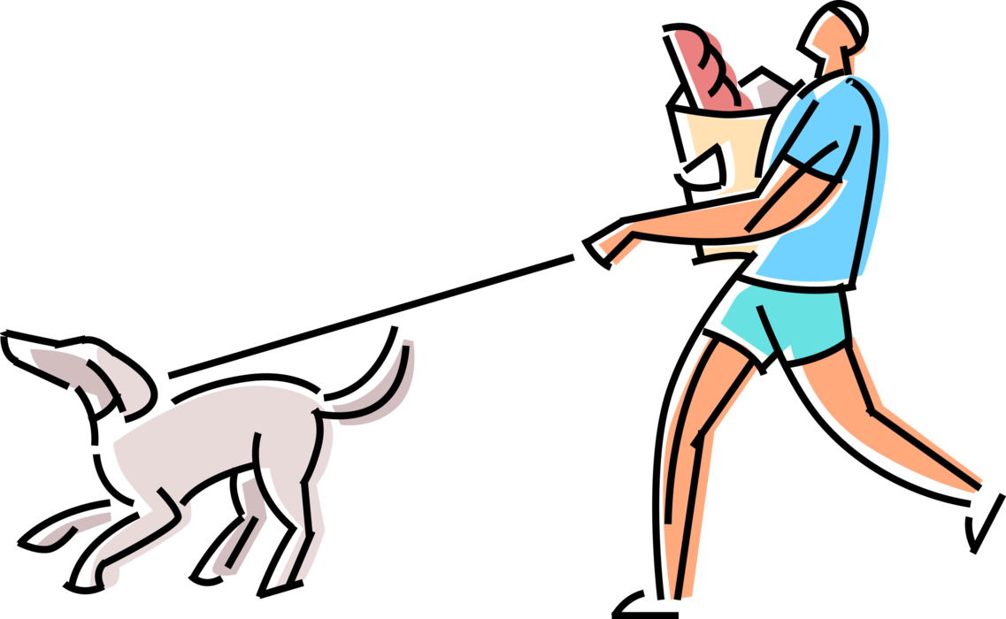 Vector Illustration of Dog Lover Walks Family Pet Canine on Leash with Supermarket Bag of Food Groceries