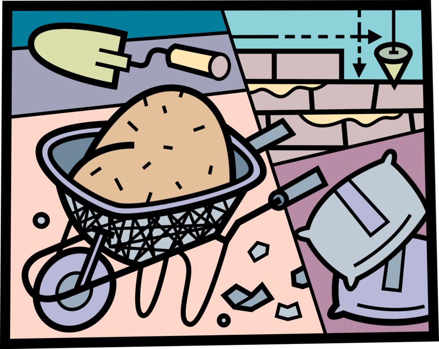 Vector Illustration of Masonry Bricklayer Trowel, Wheelbarrow, Cement Bags and Brick Wall and Plumb Bob