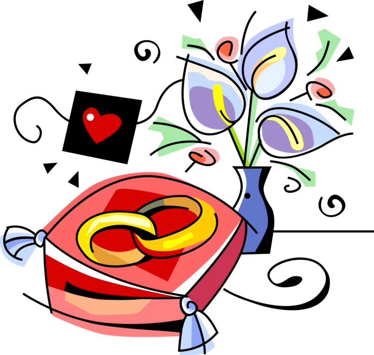 Vector Illustration of Matrimonial Wedding Band Rings on Satin Cushion with Flowers in Vase