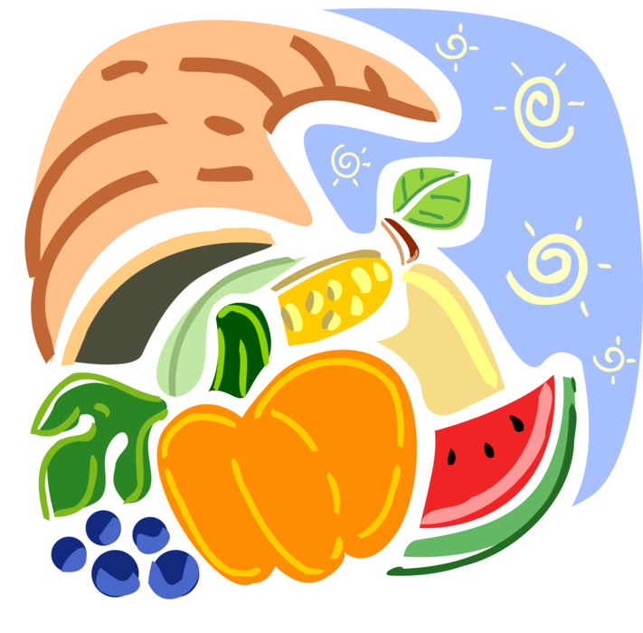 Vector Illustration of Cornucopia Horn of Plenty Filled with Harvest Pumpkin, Berries, Corn and Watermelon