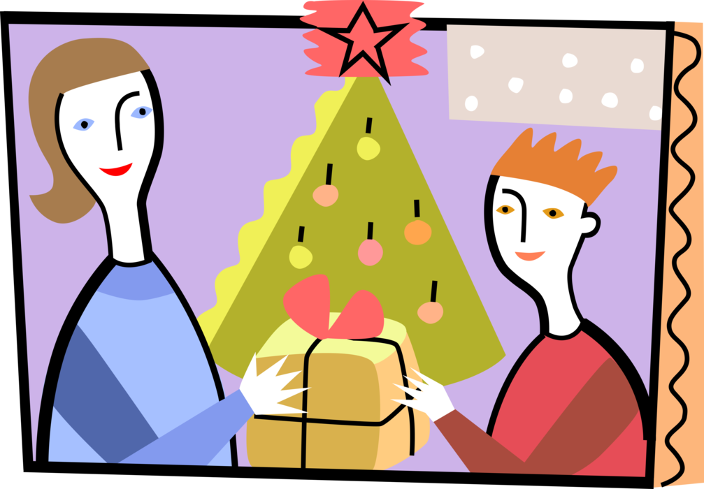 Vector Illustration of Mother Gives Son Christmas Gift Beside Evergreen Christmas Tree