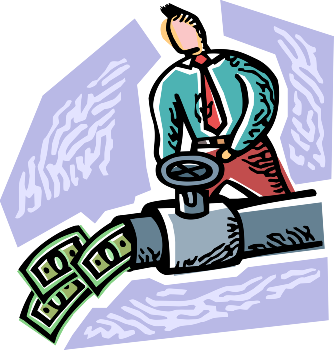 Vector Illustration of Businessman Controls Flow of Financial Revenue Cash Money Profits with Pipeline Valve