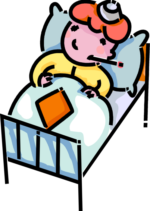 Vector Illustration of Primary or Elementary School Student Sick Child Laid Up in Bed Fakes Illness and Plays Hooky from School