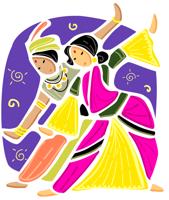 Vector Illustration of East Indian Dancing Women in Traditional Dress Dance at Cultural Festival