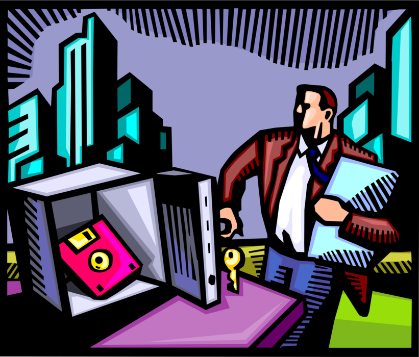 Vector Illustration of Businessman Accesses Secure Corporate Digital Data in Bank Vault Safe