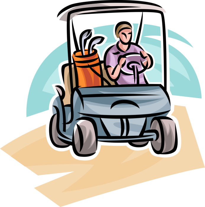 Vector Illustration of Sport of Golf Golfer Drives Electric Golf Cart with Golf Clubs