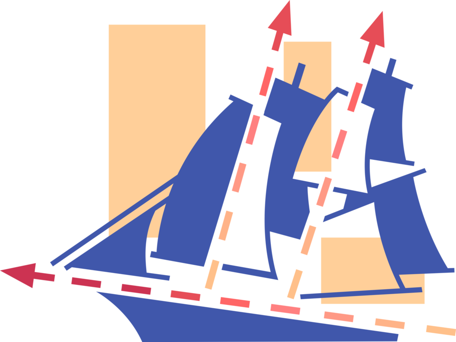 Vector Illustration of Tall Ship Traditionally-Rigged Schooner Sailing Vessel with Fore-and-Aft Sails in Motion