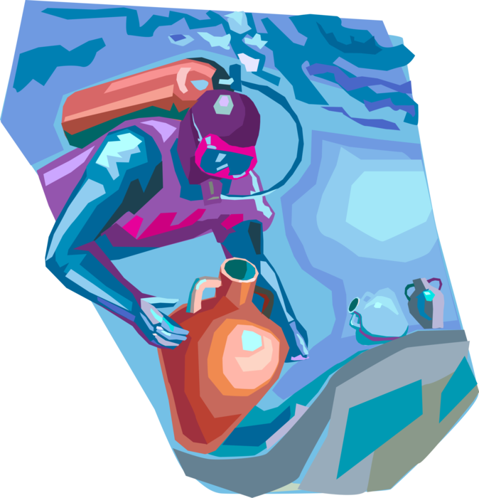 Vector Illustration of Scuba Diver with Sunken Treasure Ancient Amphora Storage Container at Underwater Shipwreck