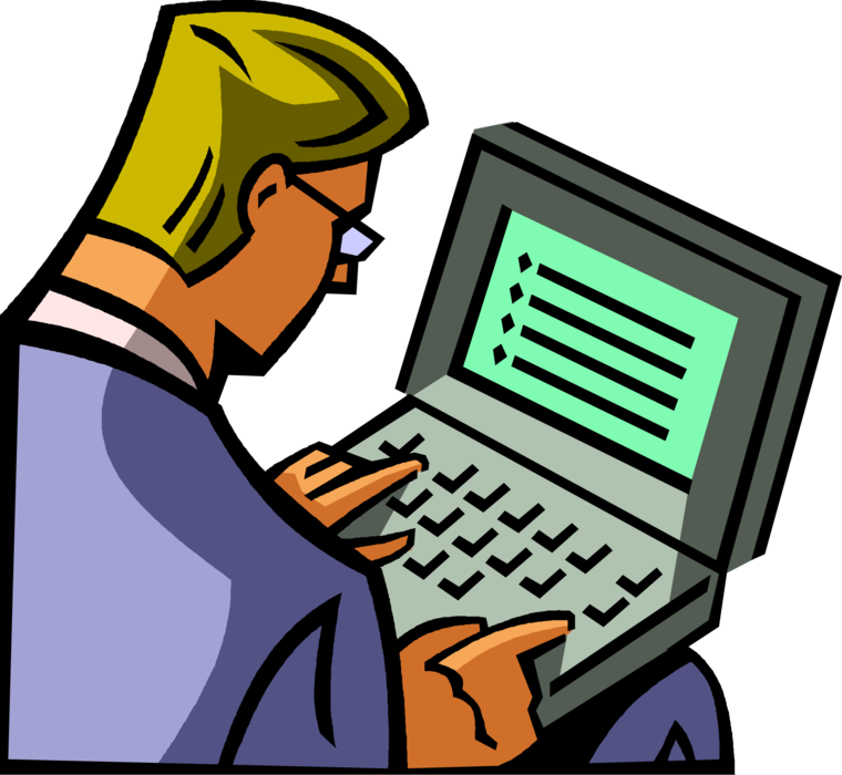 Vector Illustration of Businessman Works on Laptop Notebook Computer