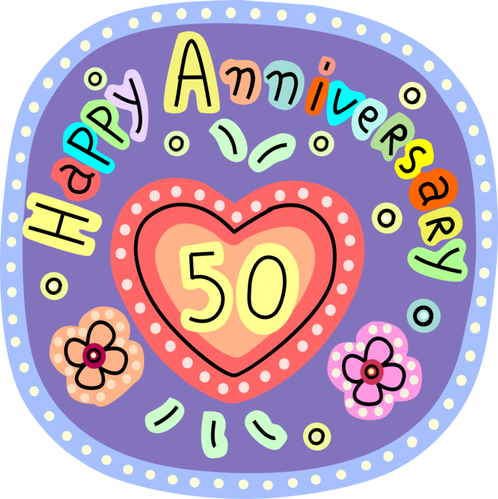 Vector Illustration of Happy 50th Fiftieth Wedding Anniversary Greeting Card with Romance Love Heart