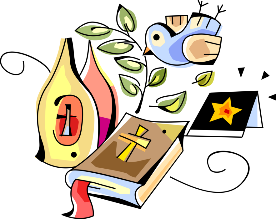 Vector Illustration of Christian Religion Holy Bible with Bishop's Mitre Hat and Dove of Peace with Olive Branch