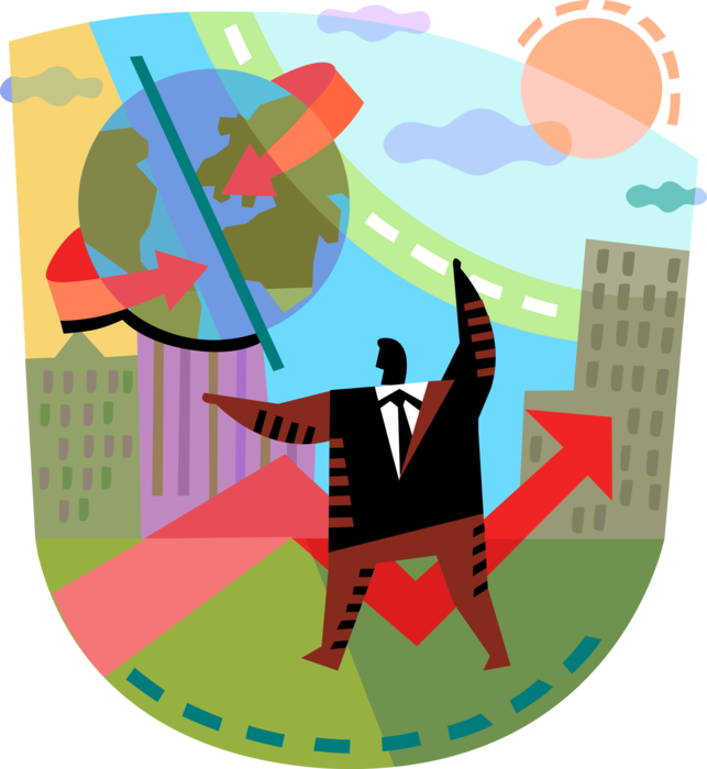 Vector Illustration of Businessman Monitors World Economic Direction to Ensure Continued Corporate Revenue and Earnings Growth