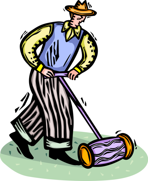 Vector Illustration of Yard Work Mowing the Grass with Manual Push Lawn Mower