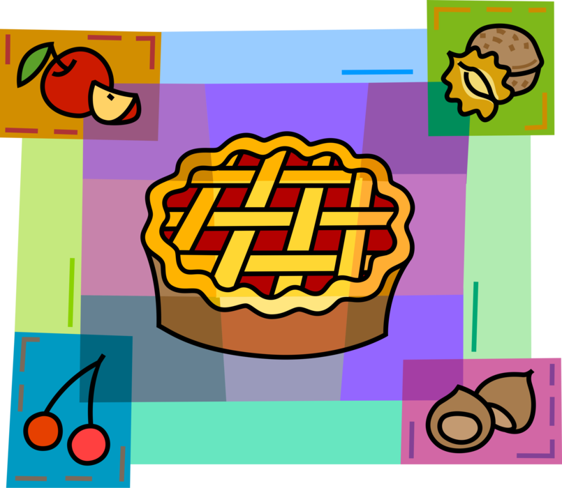 Vector Illustration of Homemade Baked Cherry Pie with Fruit Cherries, Apples and Nuts
