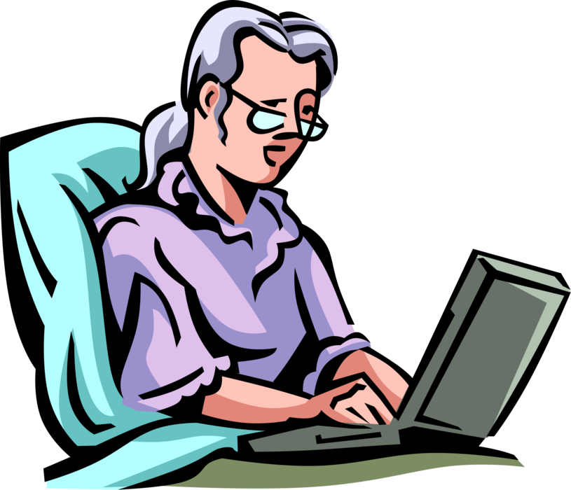 Vector Illustration of Grandmother in Bed Browses Internet Online Dating Sites with Laptop Notebook Computer