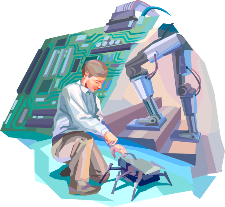 Vector Illustration of Computer Science Mechanical Engineering Robotics Engineer Designs Automated Machines