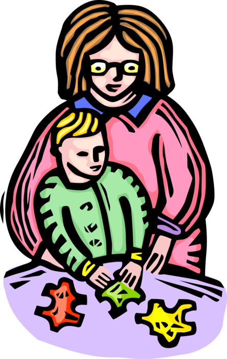 Vector Illustration of Mother and Child Bonding Build Jigsaw Puzzle