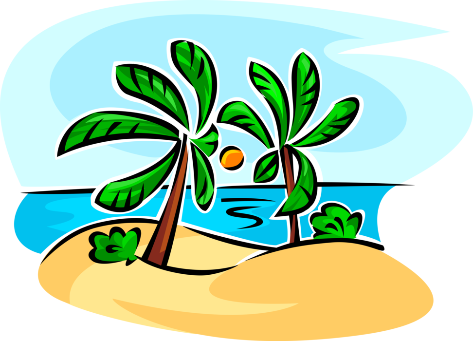 Vector Illustration of Arecaceae Palm Trees on Sandy Beach Seashore with Ocean and Sun