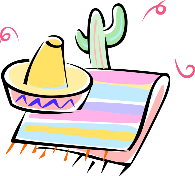 Vector Illustration of Desert Vegetation Succulent Cactus, Mexican Sombrero, Blanket