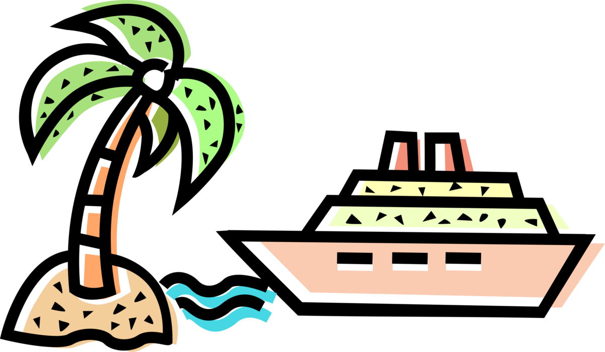 Vector Illustration of Cruise Ship or Ocean Liner Passenger Ship used for Pleasure Voyages with Tropical Island Palm Tree