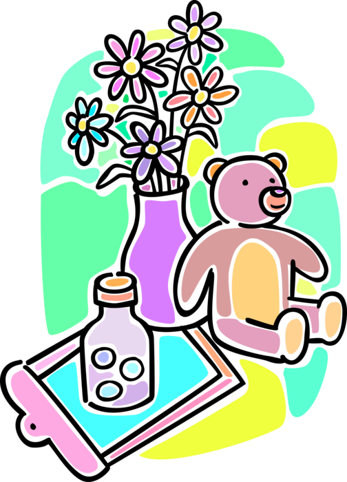 Vector Illustration of Hospital Patient Room Flowers in Vase, Stuffed Animal Teddy Bear and Medicine Pills