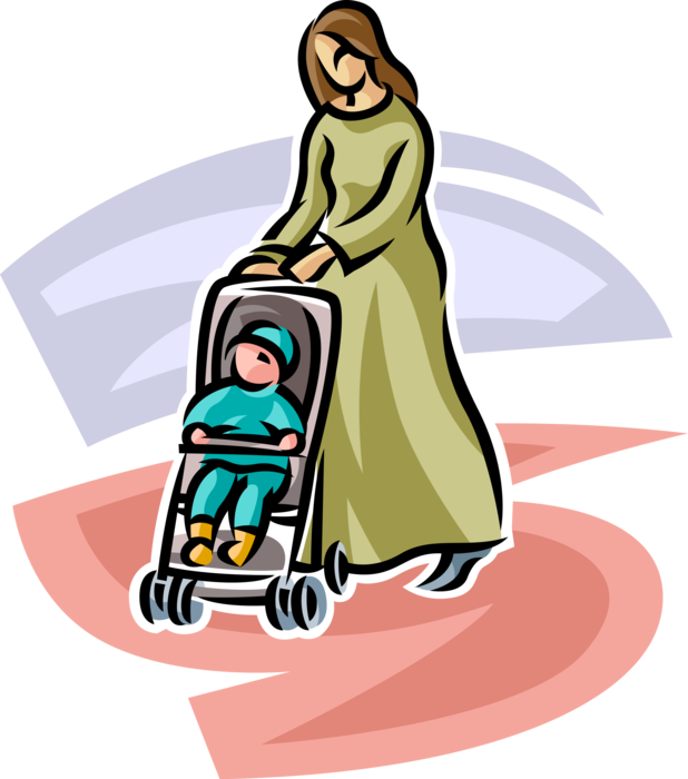 Vector Illustration of New Mother Pushes Newborn Infant Baby in Pram Stroller 