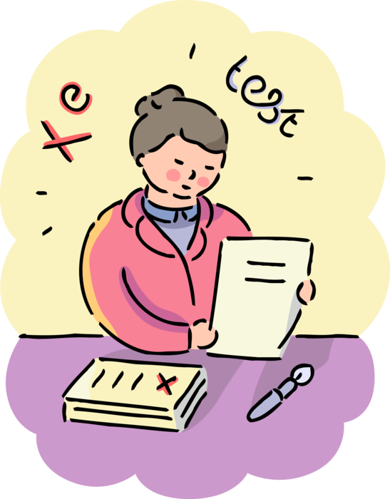 Vector Illustration of Teacher Grades and Marks Student Examination Tests in School Classroom