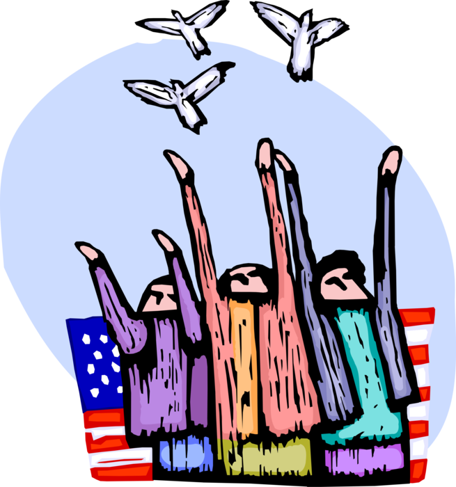 Vector Illustration of Patriotic Peace Protesters Release Dove Birds with American Flags