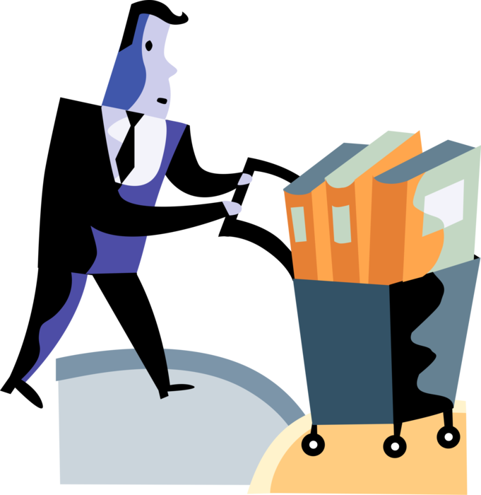 Vector Illustration of Businessman Pushes Corporate Record Binder Books in Handcart