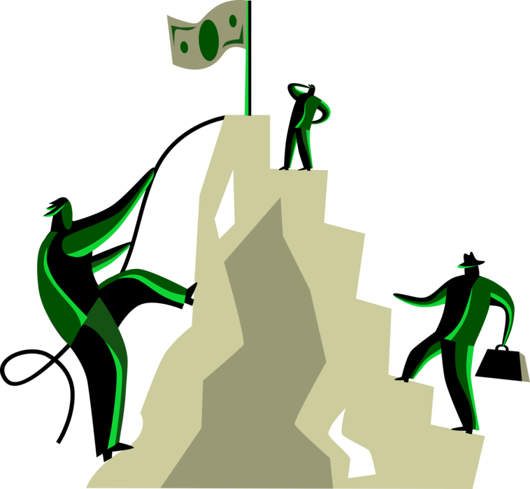 Vector Illustration of Business Associates Climb Mountain to Conquer Financial Summit and Plant Flag