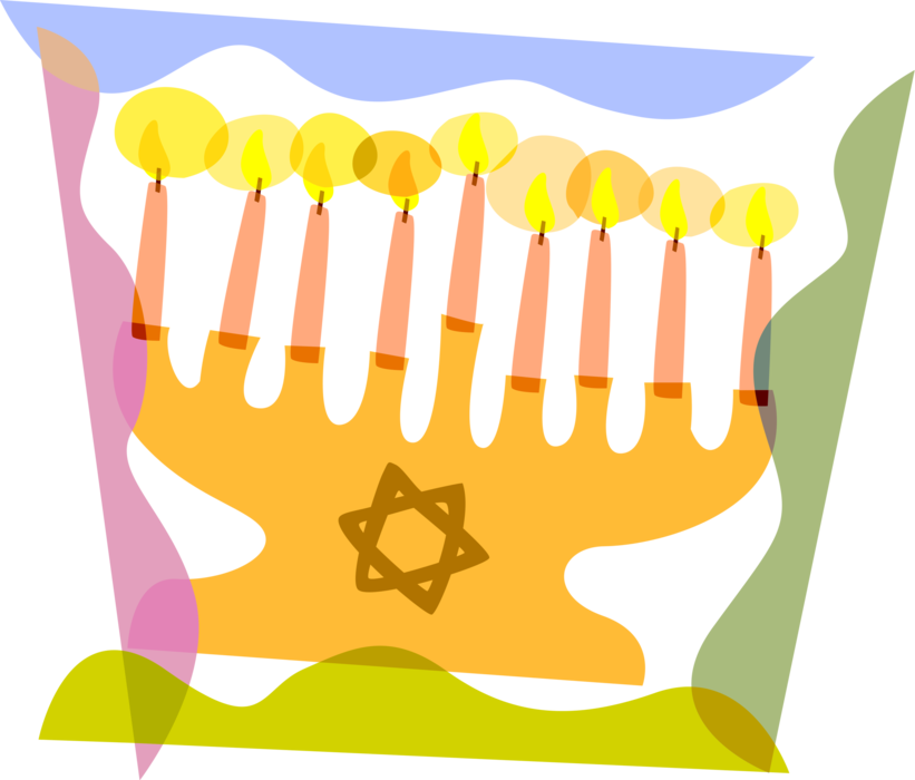 Vector Illustration of Jewish Chanukah Hanukkah Menorah Lampstand Nine Candles Candelabrum, Star of David