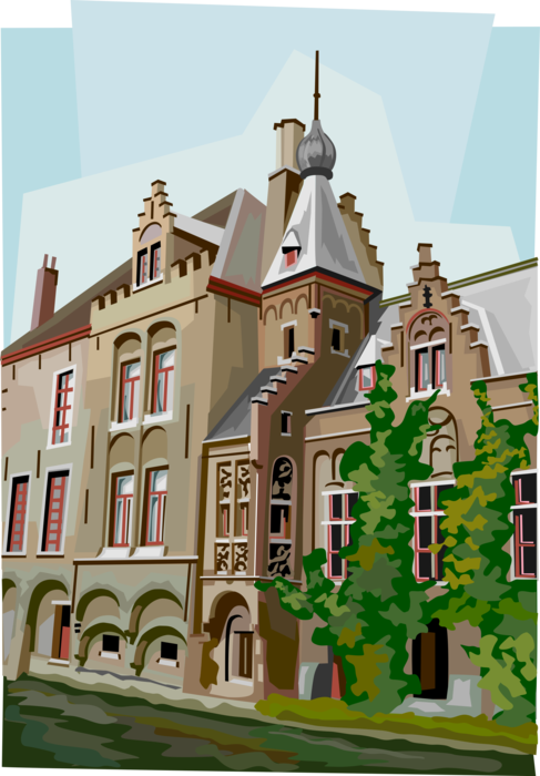 Vector Illustration of Belgium Guild Houses with Stepped Gables, Bruges, West Flanders, Flemish Region