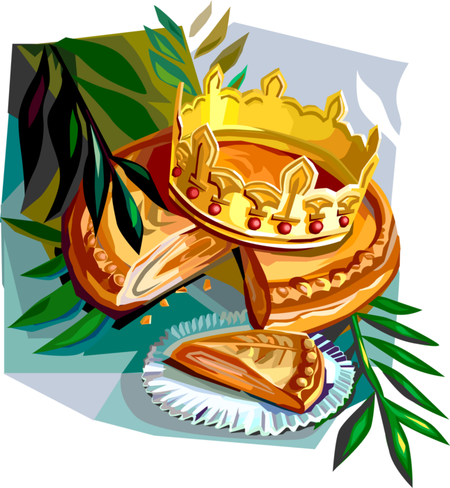 Vector Illustration of Festival of Epiphany Cake Galette Des Rois Kingcake, Kings' Cake with Crown