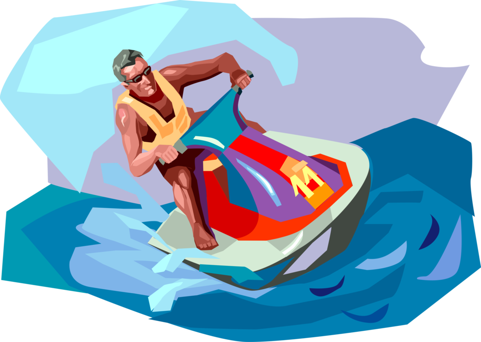 Vector Illustration of Personal Watercraft Water Sports Jet Skier Rides on Sea-Doo Jet Ski