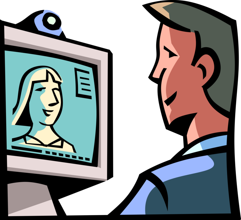 Vector Illustration of Man and Woman Engage in Videotelephony Audio-Video Communication Meeting via Computer
