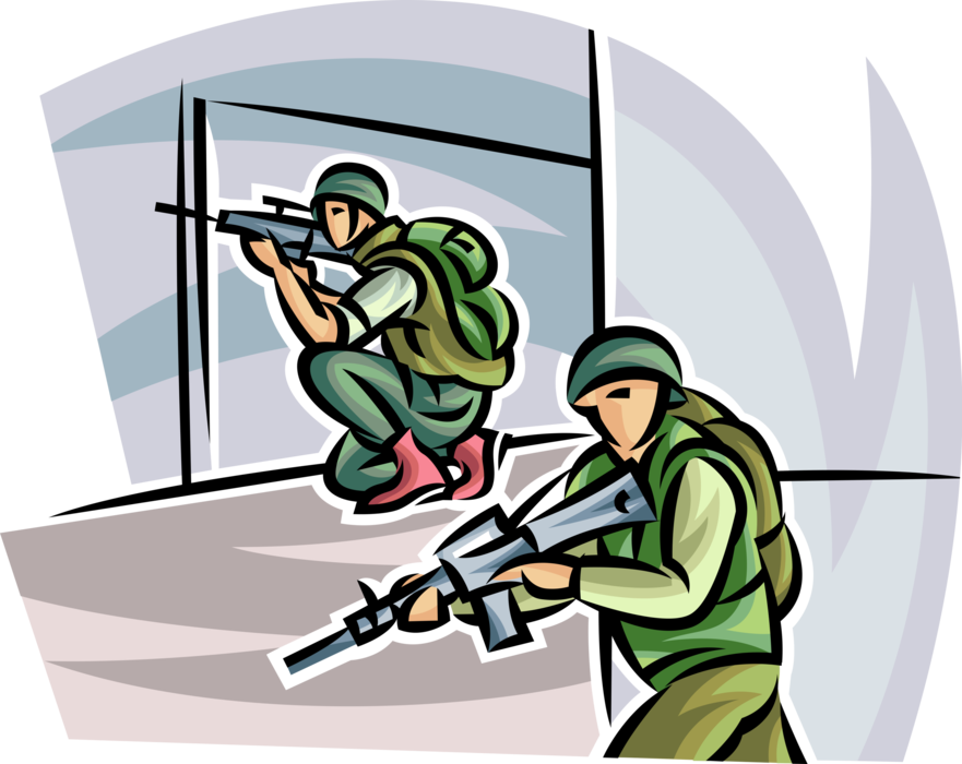 Vector Illustration of Heavily Armed United States Military Soldiers Fight in Combat Mission with Machine Guns