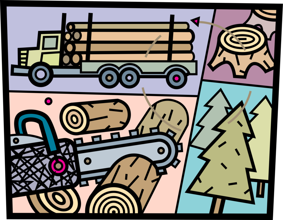 Vector Illustration of Forestry and Logging Industry Logging Truck, Chainsaw, and Coniferous Evergreen Trees and Logs