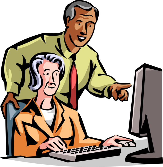 Vector Illustration of Retired Elderly Senior Citizen Receives Assistance Browsing Internet on Personal Computer