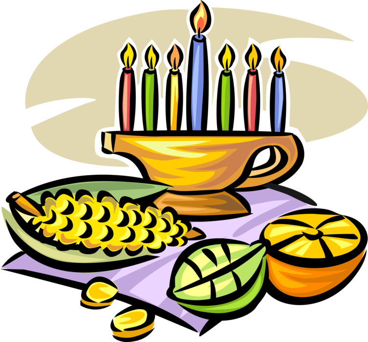 Vector Illustration of Traditional African Kinara Candle Holder of Kwanzaa with Harvest Fruits and Vegetables